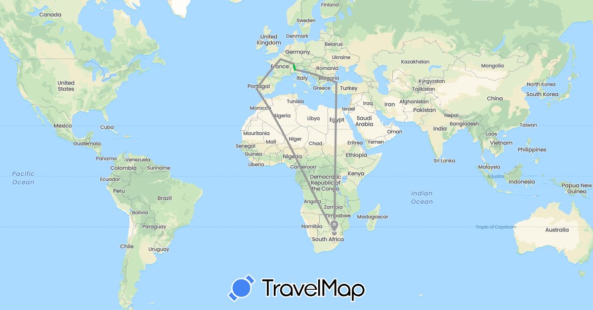 TravelMap itinerary: driving, bus, plane in Switzerland, France, Italy, Portugal, Turkey, South Africa (Africa, Asia, Europe)